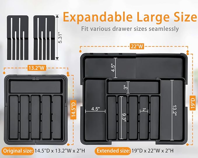 Silverware Organizer - Expandable Large Kitchen Drawer Organizer Utensil Organizer with 2 Removable Knife Blocks, 22"x 19"Cutlery Tray Drawer Dividers for Kitchen Flatware(6-9 Slots) (Black) - Image 2