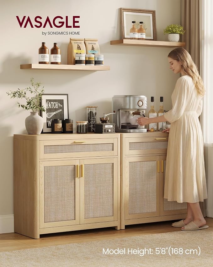 VASAGLE ELLAN Collection - Boho Buffet Cabinet with Rattan-Look Doors, Sideboard Storage Cabinet, Rounded Corners, Adjustable Shelf, Drawer, for Kitchen, Oak Beige UBBK601YC01 - Image 3