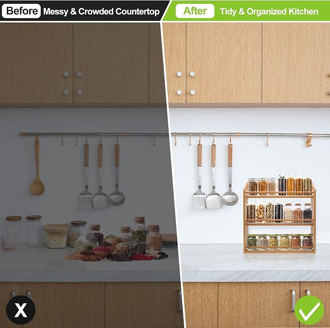 3 Tier Bamboo Spice Rack Wall Mount or Countertop,Spice Organizer | Seasoning Jars Rack Spice Shelf Organizer for Kitchen Counter or Wall Mounting - Image 2