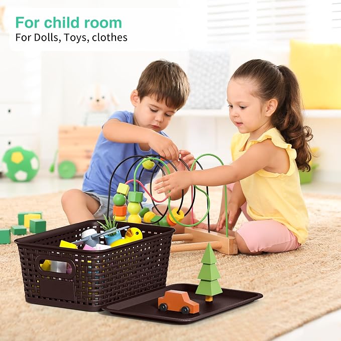 8 Pack Plastic Storage Baskets,Brown Stackable Bins with Lid | 5.3qt Storage Containers with Labels for Organizing Shelves Drawers Desktop Closet Playroom Classroom Office - Image 4