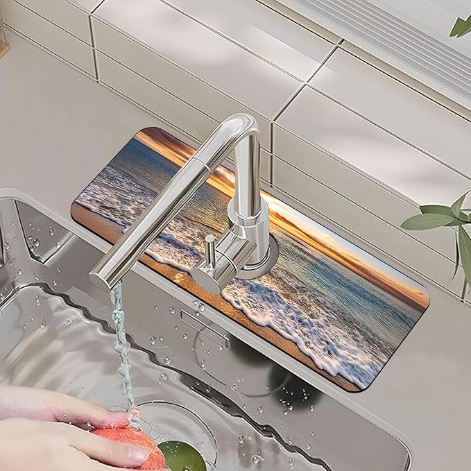 Faucet Mat for Kitchen Sink Seaside Scene Island Sink Splash Guard Behind Faucet Soft Diatom Mud Material Non-slip Easy to Clean for Bathroom & Kitchen 15"X5.5" - Image 6