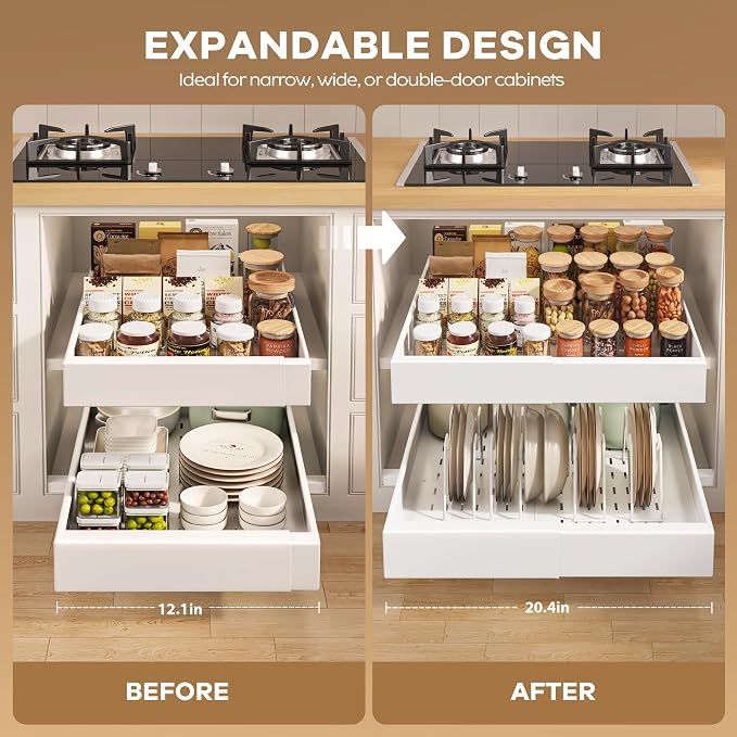 Seinloes 2Pack Pull out Cabinet Organizer 21"Deep with 4 Adjustable Dividers,Expandable（12.1"-20.4"W） Pots and Pans Organizer Under Cabinet with Raising Pad for Framed Cabinets,Slide out Drawers,White - Image 4