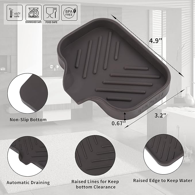 MicoYang Silicone Soap Dish with Drain Spout, Self-Draining Sink Organizer Tray for Bathroom and Kitchen, Sponges, Dispensers and Soap Holder, Non-Slip and Dishwasher Safe, Coffee (Compact, 4.9"×3.2") - Image 2