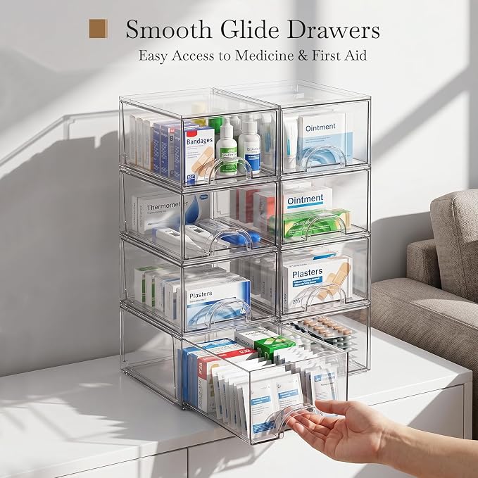8 Pack Small Clear Stackable Acrylic Storage Boxes & Drawers | Storage Organizer, Clear Plastic Makeup Organizer, Ideal for Vanity, Cabinet, Desk Organization, Art Tool & Sketch - Image 5