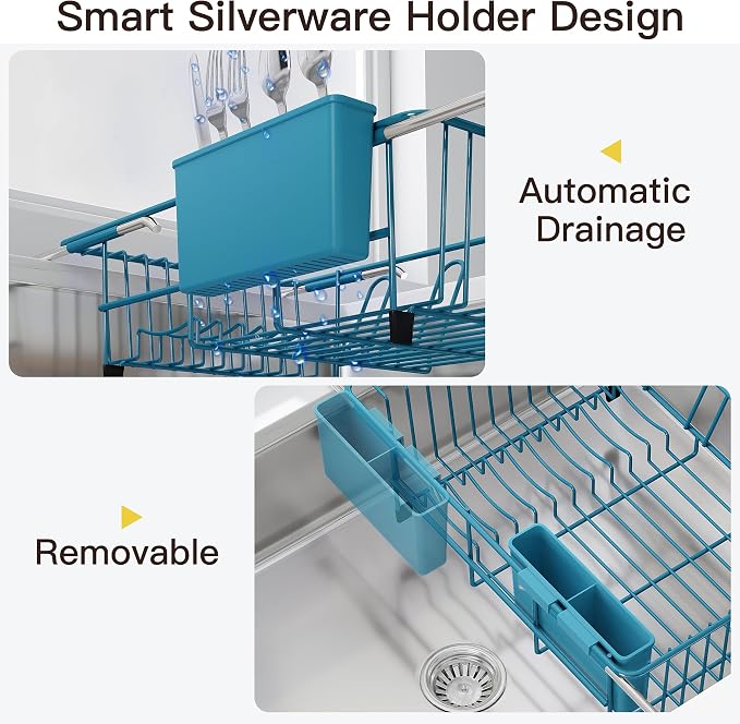 JASIWAY Blue Dish Drying Rack in Sink, Dish Drainer with Utensil Holder | Over The Sink Expandable Stainless Steel Strainer Dryer Rack for Small Kitchen, Counter Space Saving, Fast Drain, Rustproof - Image 8