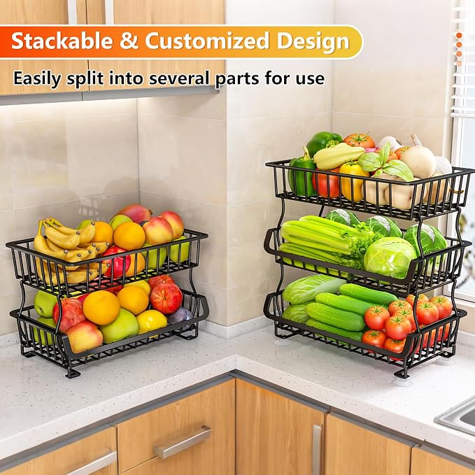 Gsiekare 3-Tier Rolling Pantry Organizer and Storage Cart with Wheels | Stackable wire pantry baskets for pantry shelves, fruit basket stand, easy to move, storage rack for food snack onion potato - Image 5