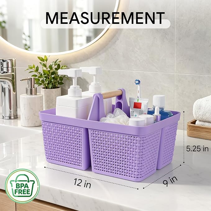 UUJOLY Portable Plastic Shower Caddy Basket with Wooden Handle, Purple | Divided Storage Organizer Tote for Bathroom, Dorm, College, Kitchen & RV – Lightweight, Easy-Carry Essentials Caddy - Image 6