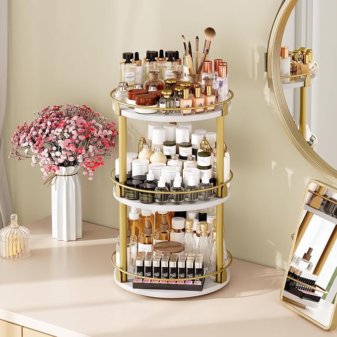 3-Tier Lazy Susan, Rotating Spice Rack, Spinning Organizer, Industrial Turntable Spice Rack for Cabinet, Kitchen Countertop, Pantry, White and Gold SR23DW - Image 4