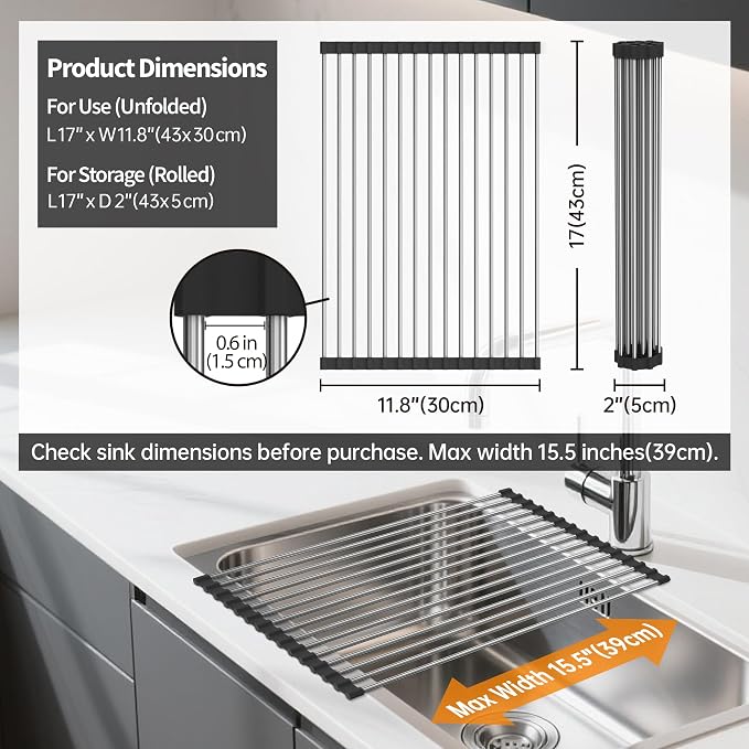 Roll Up Dish Drying Rack, 17" L x 11.8" W, Over The Sink Dish Drying Rack for Kitchen, Black - Image 4