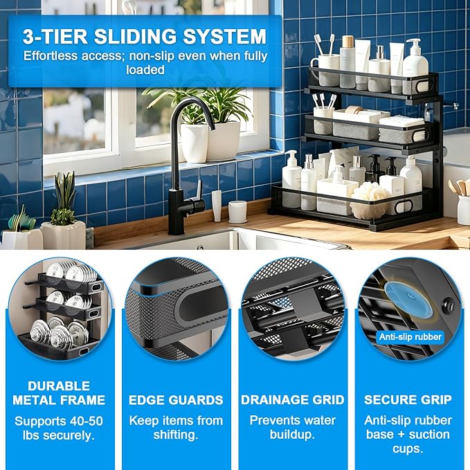 Thickened Meta 3-Tier Pull Out Under Sink Organizer 2 Pack | Height Adjustable Slide out Storage Drawer Rack for Kitchen Bathroom Home Organization| 35% More Storage Capacity - Image 7