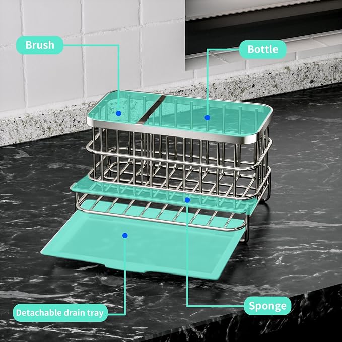 HapiRm Kitchen Sink Organizer, SUS304 Stainless Steel Rustproof Multifunctional Large Sink Caddy with Sponge Holder and Drain Tray for Kitchen Countertop (Silver) - Image 2