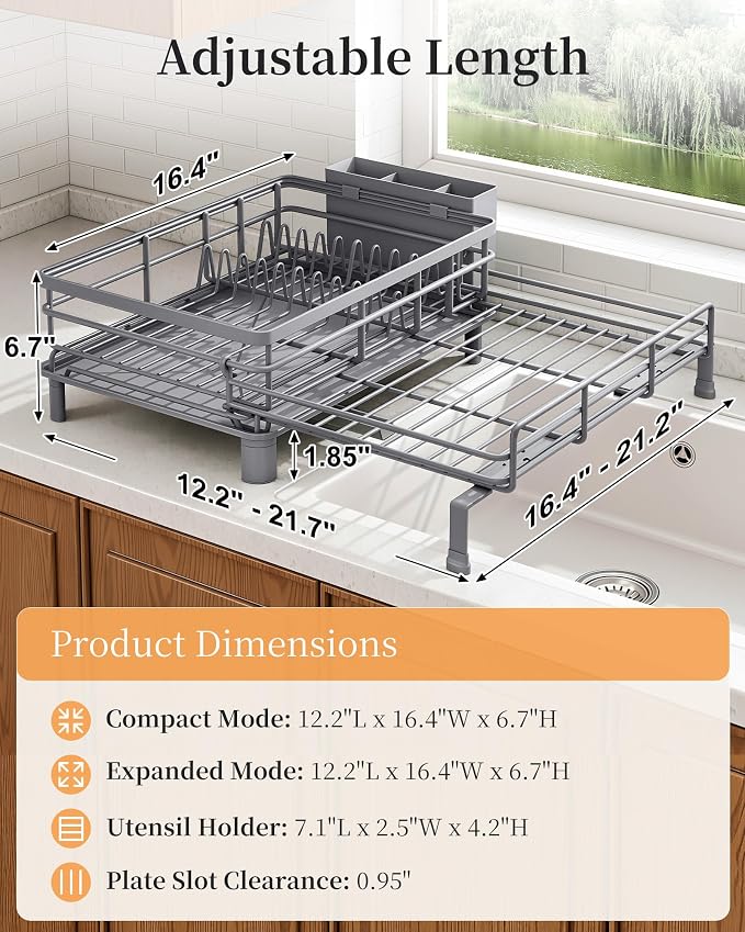 SAYZH Expandable Dish Drying Rack for Kitchen Counter, Metal, Grey | Foldable Over Sink, Large Capacity, Rust-Resistant, Adjustable for Most Sinks, Automatic Drainage, Removable Utensil Holder - Image 2