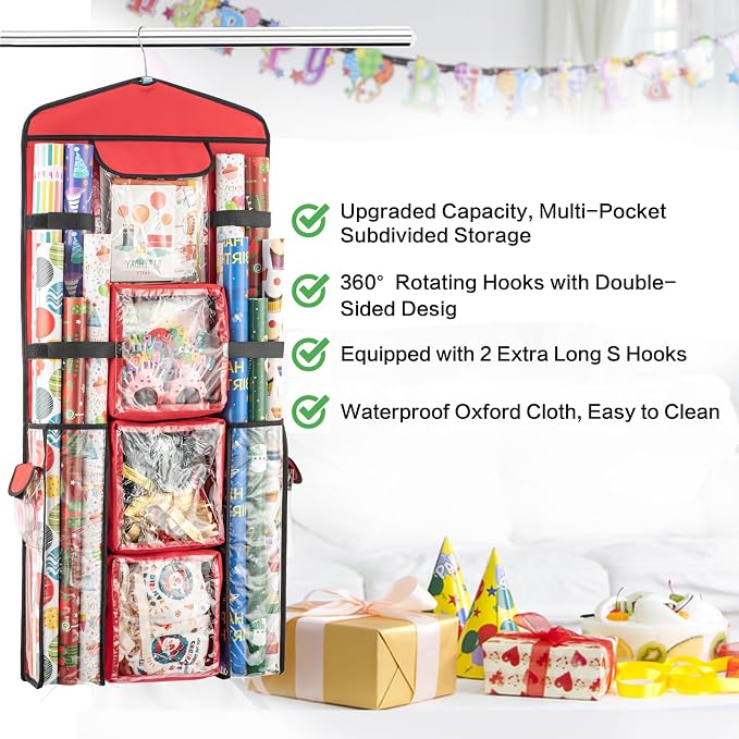 Christmas Wrapping Paper Organizer Storage, Hanging Gift Bag Storage Organizer, Double-Sided Wrapping Paper Holder Storage - Red - Image 5