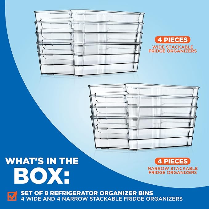NutriChef Set of 8 Refrigerator Bins-4 Wide and 4 Narrow Stackable Fridge Organizers for Freezer, Kitchen, Countertops, Cabinets-Designed with Practical Carry Handles and Interior, 8 containers, Clear - Image 7