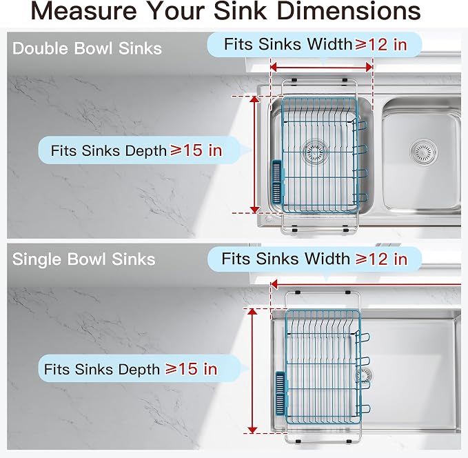 JASIWAY Blue Dish Drying Rack in Sink, Dish Drainer with Utensil Holder | Over The Sink Expandable Stainless Steel Strainer Dryer Rack for Small Kitchen, Counter Space Saving, Fast Drain, Rustproof - Image 3