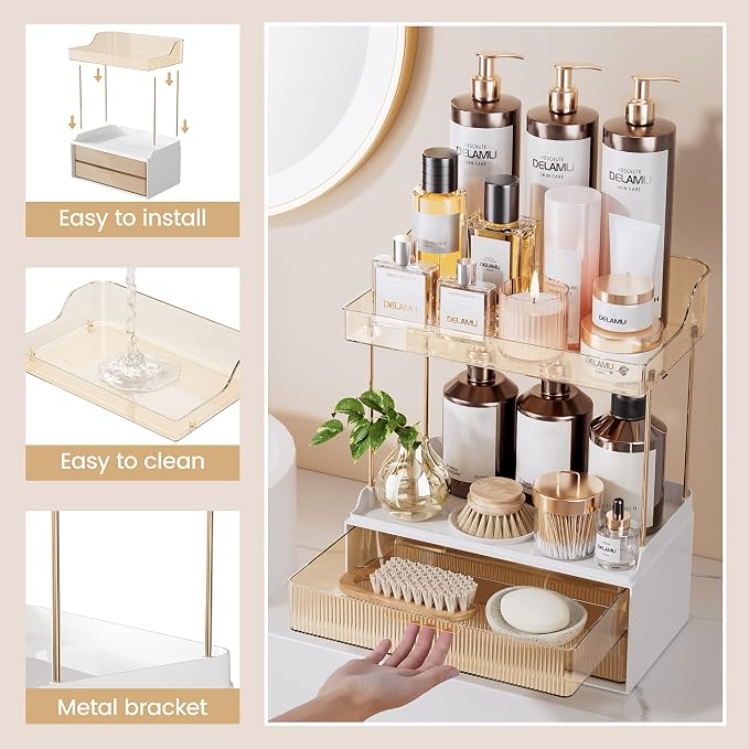 Delamu 4-Tier Makeup Organizer, Bathroom Counter Storage, 2 Drawers, Amber | Elegant Vanity Organizer Gift for Women, Holds Perfume, Skincare, Nail Polish & Hair Accessories for Bathroom Countertop - Image 8
