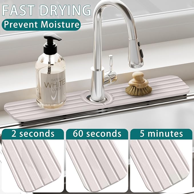 Water Absorbing Stone Kitchen Sink Mat Faucet Splash Guard for Bathroom | Quick Dry, Raised Feet, Diatomaceous Earth, Stone Faucet Mat, Sink Protector for Counter, Sink Accessories, Bathroom Decor - Image 4