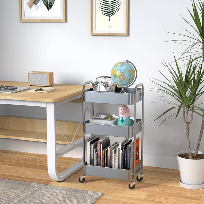 MAX Houser 3-Tier Rolling Utility Cart with Caster Wheels, Silvery-Grey | Easy Assembly, multi-purpose storage trolley for kitchen, rolling cart with smooth caster wheels for bathroom - Image 4