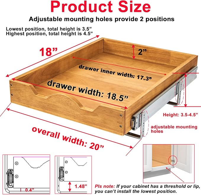 DINDON Pull Out Cabinet Organizer (20" W x 18" D) 1 Tier，Single Tier Oak Wood Under Cabinet Slide Out Shelf Drawer Box… - Image 2