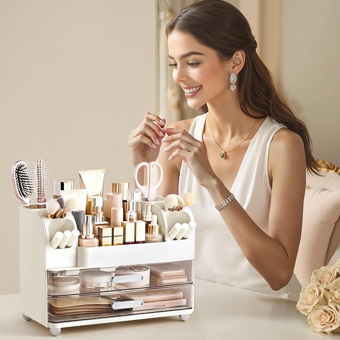 HBlife Makeup Organizer for Vanity with Brush Holder, Large Bathroom Countertop Cosmetic Organizer Skin Care Storage, Easy to Store Lipsticks, Nail Polishes, Perfumes, Eyeshadow Palettes, White - Image 6