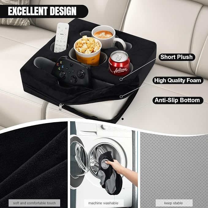 Couch Cup Holder Pillow Tray - Sofa Drink Cup Holder Cozy Buddy | Bed Caddy Organizer for Remote, Snacks Beverage, Phones, Tablet | Use it on Car, Pack, Beach, RV, Boat, Bedroom (Black) - Image 3