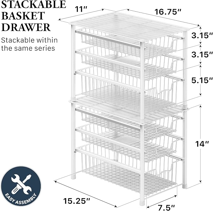 Simple Houseware Stackable 3 Tier Sliding Basket Organizer Drawer, White (Pack of 2) - Image 2