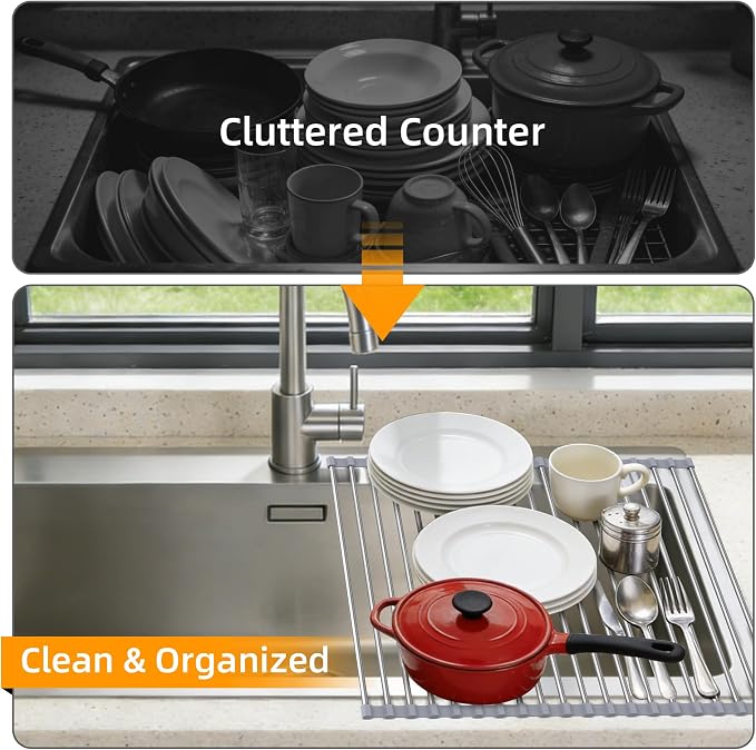 Over Sink Dish Drying Rack, 17" L x 11.8" W, Roll Up Dish Drying Rack for Kitchen, Gray - Image 3