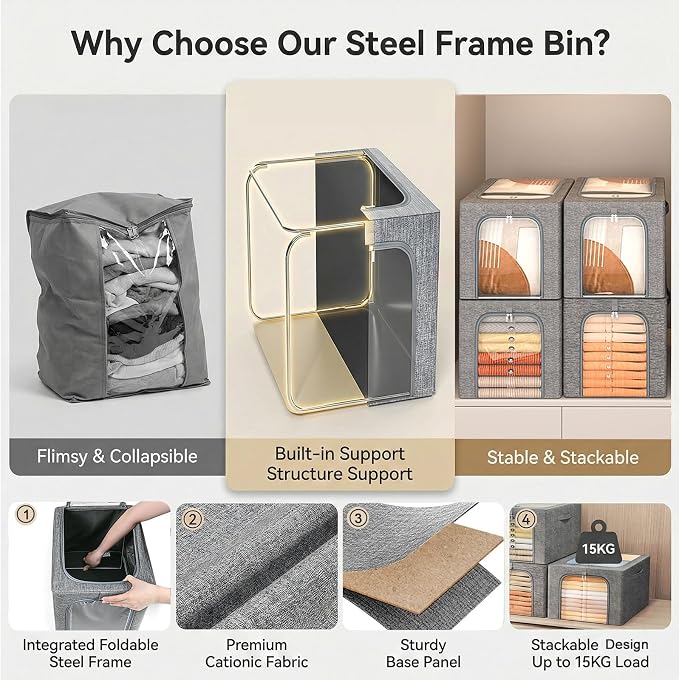 GoMaihe Blanket Storage Bins with Metal Frame for Closet, 55L 4-Pack Grey | Clothing Comforters Bedding Winter Coat, Closet Top Shelf, Collapse-Proof Stackable, Clear Window, Dual Access Space Saving - Image 2
