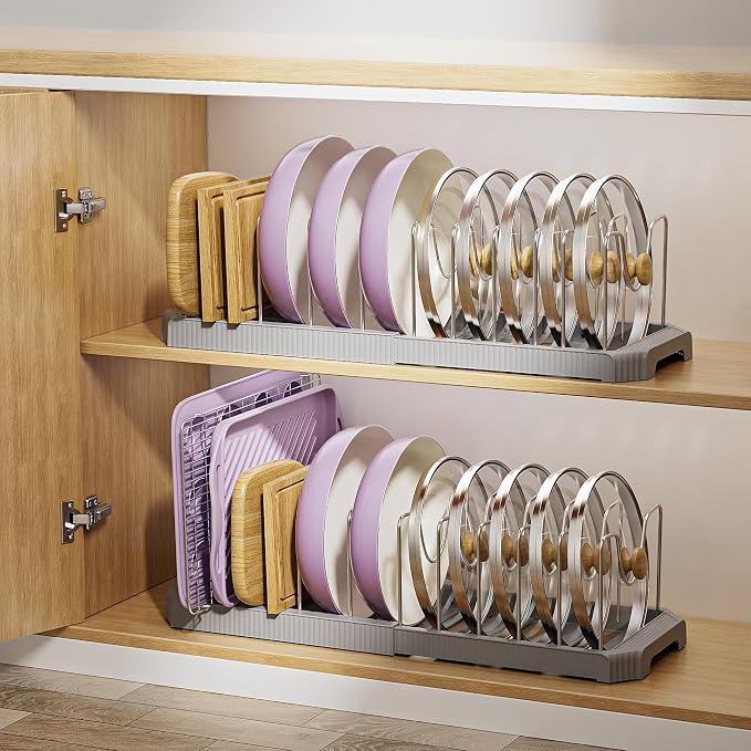 MUDEELA Pots and Pans Organizer under Cabinet, Pan Pot Organizer Inside Cabinet, Expandable 12.9''-21.88'' Pot Lid Organizer Holder with 12 Adjustable Dividers for Cutting Boards, Pan Lid Rack, Grey - Image 8
