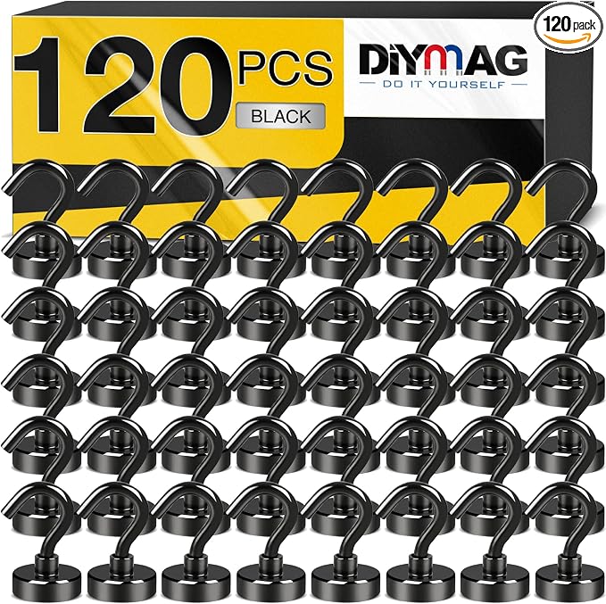 DIYMAG Magnetic Hooks, 30Lbs Black Strong Heavy Duty Cruise Magnet Garage S-Hooks for Classroom, Fridge, Hanging, Cabins, Grill, Kitchen, Garage, Workplace and Office Etc, 120 Pack by DIYMAG