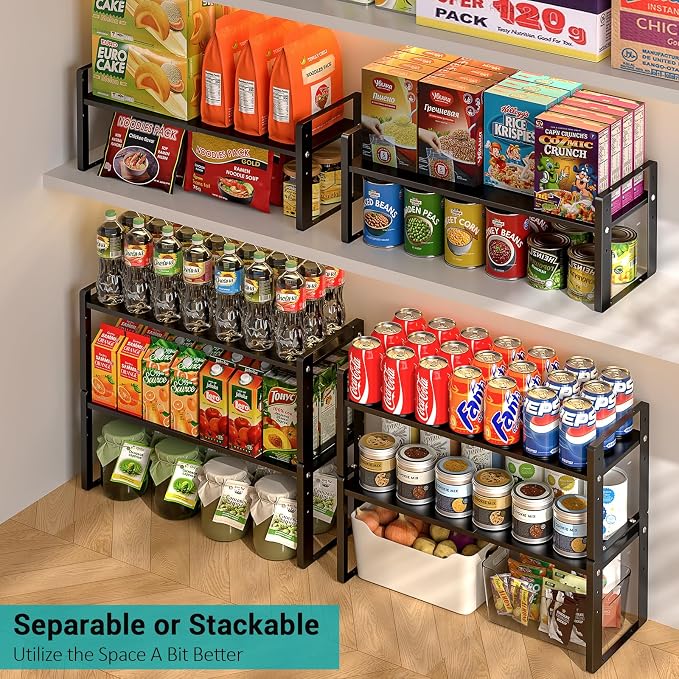 2 Pack Expandable Cabinet Organizer Shelves, 88lbs High Weight Capacity, Stackable Heavy-Duty Metal Storage Rack, Adjustable Cabinet Shelf for Kitchen, Pantry, Cupboard, Under Sink, Black - Image 4