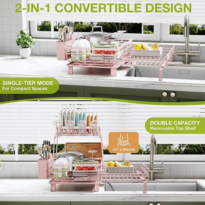 2-Tier Expandable Dish Drying Rack, Kitchen Counter Pink | Large Capacity Kitchen Organization, Heavy-Duty Carbon Steel, Swivel Drain Spout, Cup Hooks & Utensil Holder - Image 3
