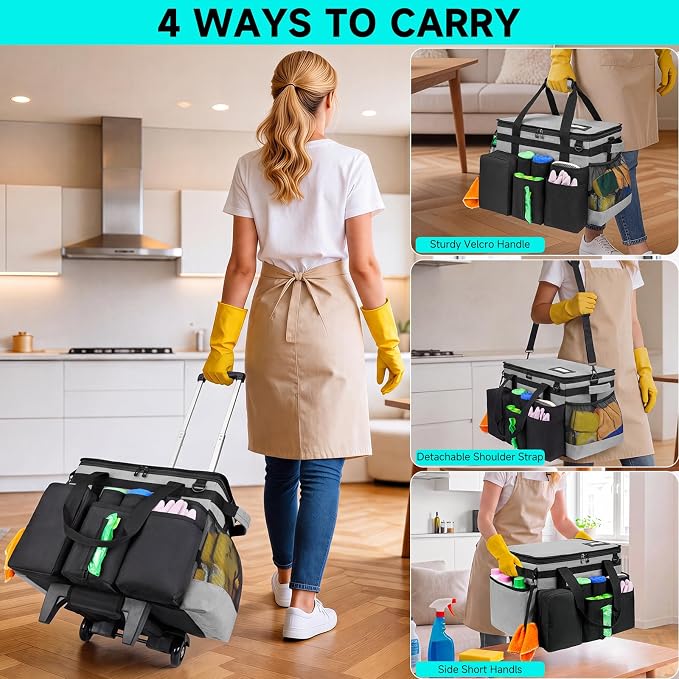 Cleaning Cadddy Bag with Rolling Cart, Large Cleaning Bag with Wheels | Cleaning Supplies Organizer with Detachable Trolley for Housekeepers, Housekeeping Cleaning Cart with Shoulder Strap & Handle - Image 6