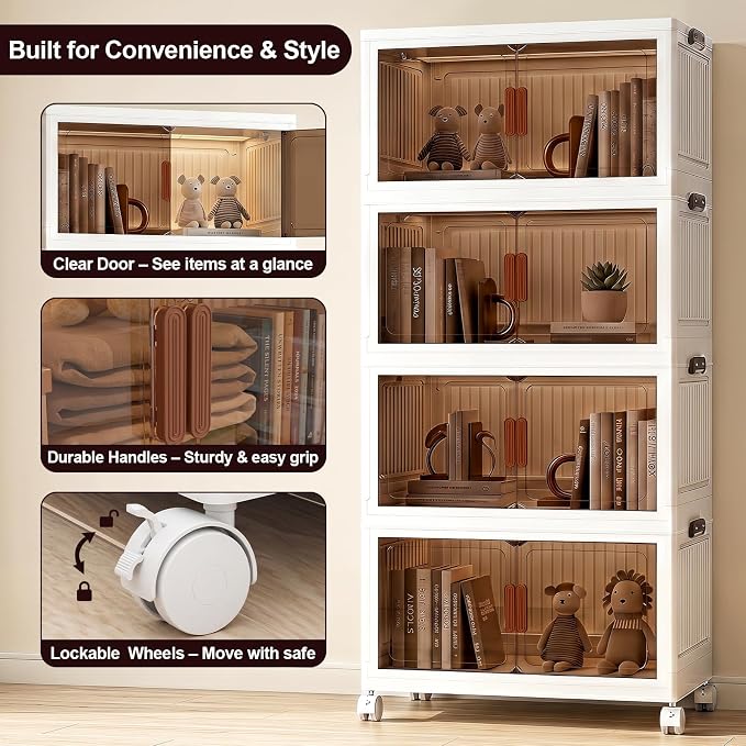 4 Tier Stackable Storage Bins with Lids, 96QT Large Capacity Storage Cabinet (24QT Per Tier), Foldable Closet Organizer with Wheels and Front Opening Doors for Clothes, Toys, Pantry, Bedroom - Image 6