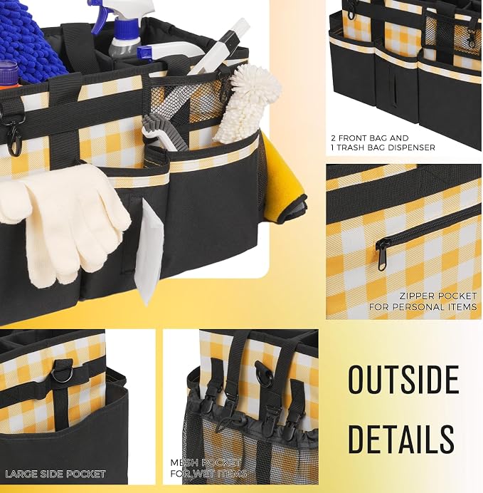 SCAVATA Wearable Cleaning Caddy, Cleaning Caddy Supplies Organizer with Handle & Shoulder Straps for Housekeepers, Under Sink & Car Cleaning Tool Organizers Bag with 4 Foldable Divider (YellowPlaid) - Image 3