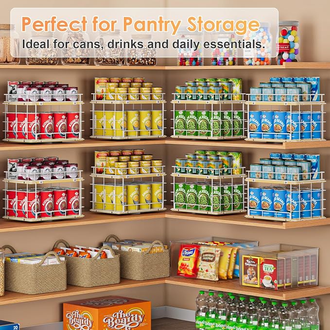 360° Rotating Lazy Susan Can Organizer for Pantry, Holds 26 Cans, White | 2-Tier Metal Wire & Wood Turntable Can Rack Holder, Storage for Canned Goods, Kitchen Pantry Cabinets & Countertops - Image 7