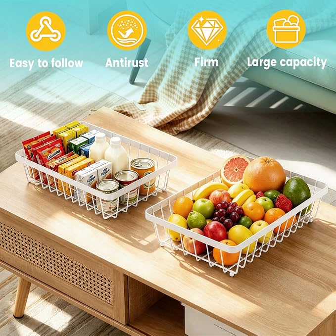 2-Tier Fruit Basket for Kitchen Counter with 2 Banana Hangers | Large Metal Fruit Bowl, Versatile Holder for Veggies, Produce Storage, 12.5"×7.5"×12"-White - Image 6