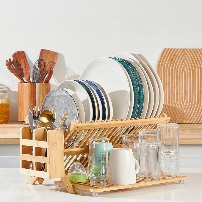 NOVAYEAH Bamboo Wooden Dish Rack, Wooden Dish Drying Drainer Rack | 3-Tier Collapsible Large Dish Drying Rack Folding Drying Holder for Kitchen Counter, Plate Holder Organization - Image 6