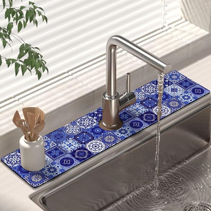 Kitchen Sink Splash Guard Faucet Mat 24" X 5.5" Talavera Mexican Tiles Absorbent Fast Drying Mat Faucet Draining Mat Sink Splash Guard Behind Faucet Drip Catcher for Kitchen Bathroom by Unknown