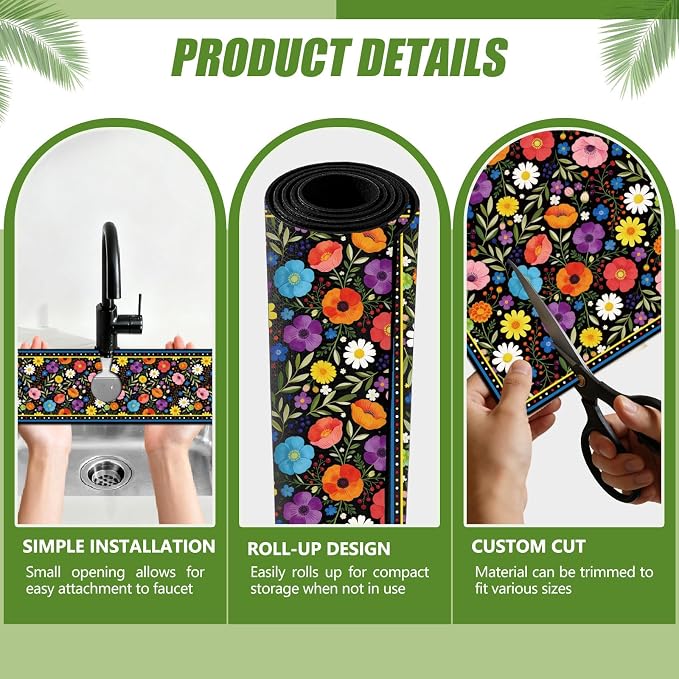 3 Pcs 2 Size Kitchen Sink Splash Guard Faucet Mat Bohemian Flowers Pattern Faucet Mats for Sinks Colorful Flower Absorbing Drying Mat for Kitchen Bathroom - Image 3