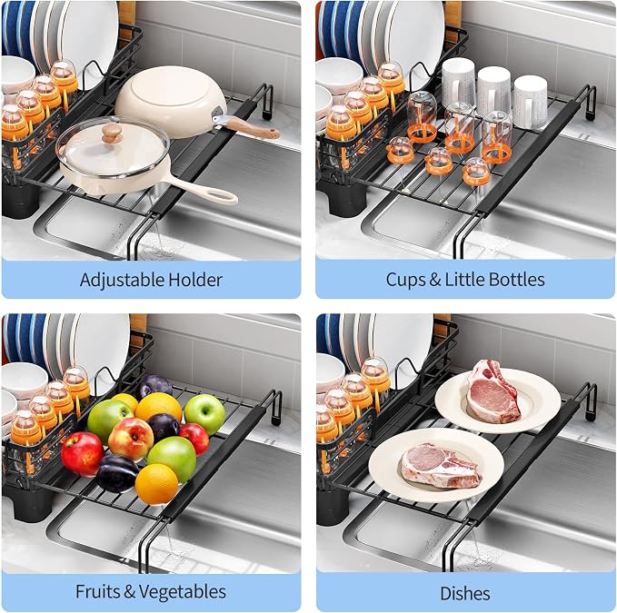 TOOLF Expandable Over The Sink Dish Drying Rack for Kitchen Counter, Black | Extend 12.56"-23.97"L,Stainless Steel & PP,Cups & Cutting Board Holder,Removable Utensil Holder,Adjustable Feet Fit Most Sink - Image 4