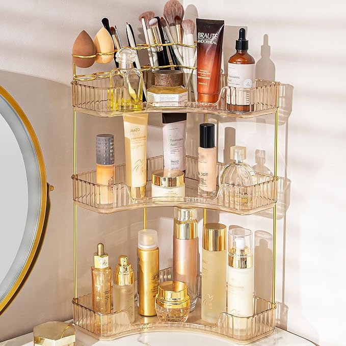 Makeup Organizer 3-Tier Bathroom Counter Organizer with Makeup Brush Holder | Corner Bathroom Organizer Countertop, Acrylic Counter Storage for Bathroom Dresser, Skincare Perfume Organizer- Amber Gold by NATURESSOURCE