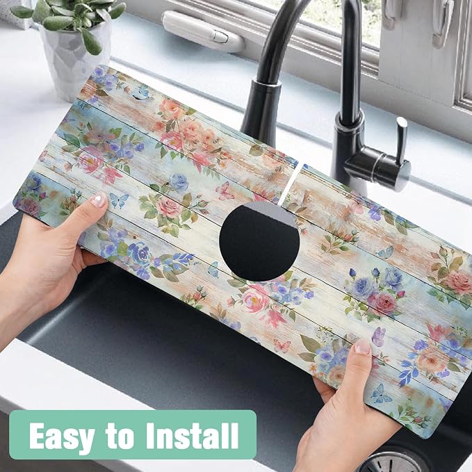 Kitchen Sink Splash Guard Faucet Mat 15" X 5.5" Wooden Floral Absorbent Fast Drying Mat Faucet Draining Mat Sink Splash Guard Behind Faucet Drip Catcher for Kitchen Bathroom - Image 4