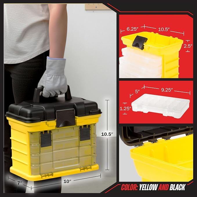 Portable Tool Box - Small Parts Organizer with Drawers and Customizable Compartments for Hardware, Tackle, Beads, or Crafts by Stalwart (Yellow) - Image 6