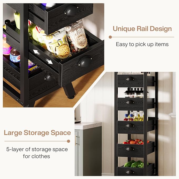 Tribesigns Black Wood Fruit and Vegetable Storage Rack, 5-Tier Narrow Snack Stand Kitchen Stand Fruit Basket, Pull-Out Utility Organizer for Kitchen, Living Room - Image 7
