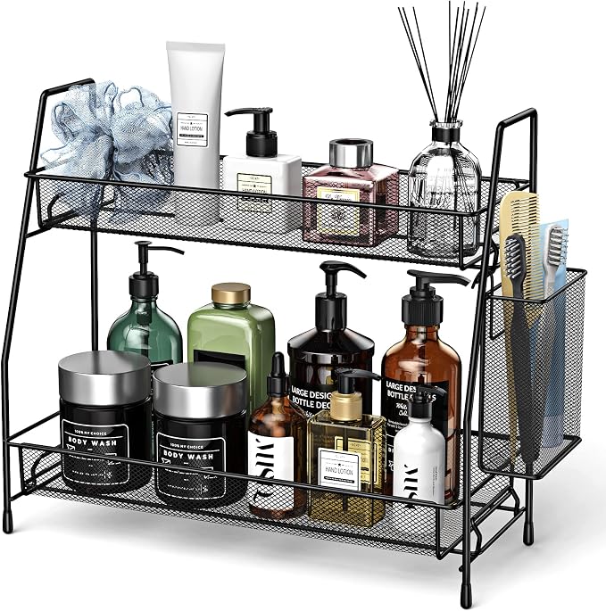 Bathroom Organizer Countertop, Spice Rack Organizer for Cabinet,Black | 2-Tier Bathroom Counter Organizer,Vanity Organizer Corner Shelf with Small Basket for Sink,Kitchen,Bedroom,Living room,Office by SPISPI