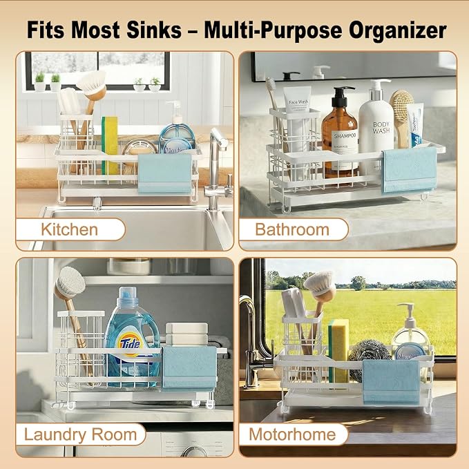 Sponge Holder for Kitchen Sink, Self-draining Sink Organizer with Towel Rack and Brush Holder, Metal Kitchen Sink Organizer for Countertop, White - Image 3