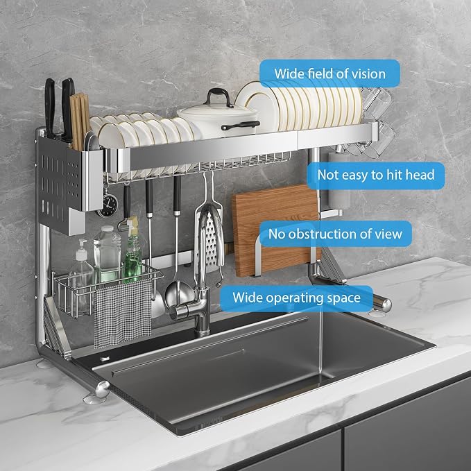 Over The Sink Dish Drainer Drying Rack 2 Tier Adjustable Width | 304 Stainless Steel Large Expandable Storage Kitchen Counter Organizer (Silver, 20.87'' to 37.6'') - Image 7
