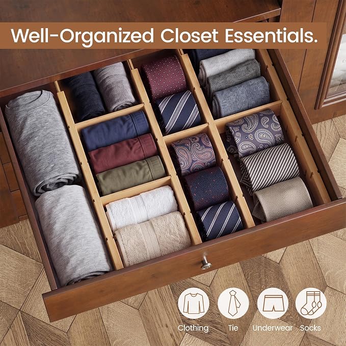 Bamboo Drawer Dividers 8 Pack with Inserts, Kitchen Adjustable Drawer Organizers for Home, Bedroom, Dresser, Expandable Organization 8 Dividers with 16 Inserts - Image 7