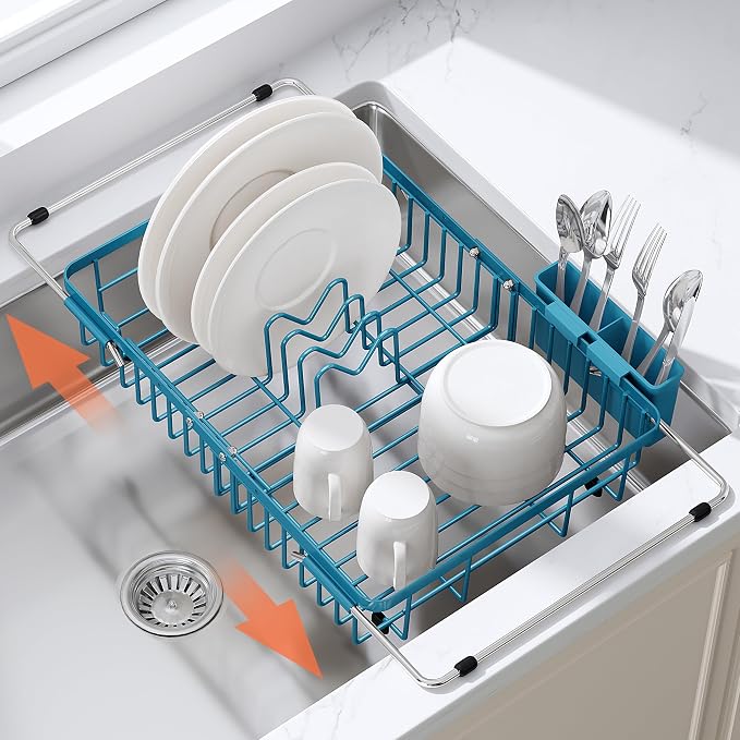 JASIWAY Blue Dish Drying Rack Over the Sink with Utensil Holder | Expandable Stainless Steel Dish Driainers for Small Kitchen, Apartment, Counter Space Saving, Fast Drain, Rust Resistant by JASIWAY